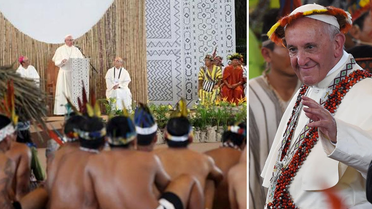 Anti-Pope Francis shakes the hands of the natives of the Amazon River