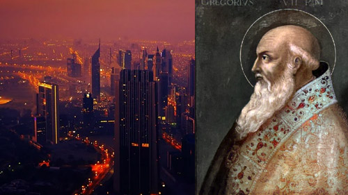 Man walking silently at night out in the street. (left)  Pope Saint Gregory VII portrait. (right)