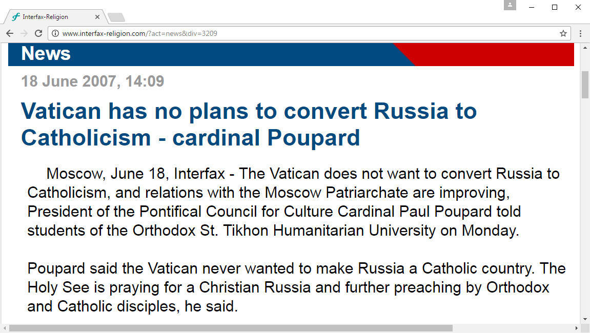 Vatican has no plans to convert Russia to Catholicism! – “Cardinal” Poupard